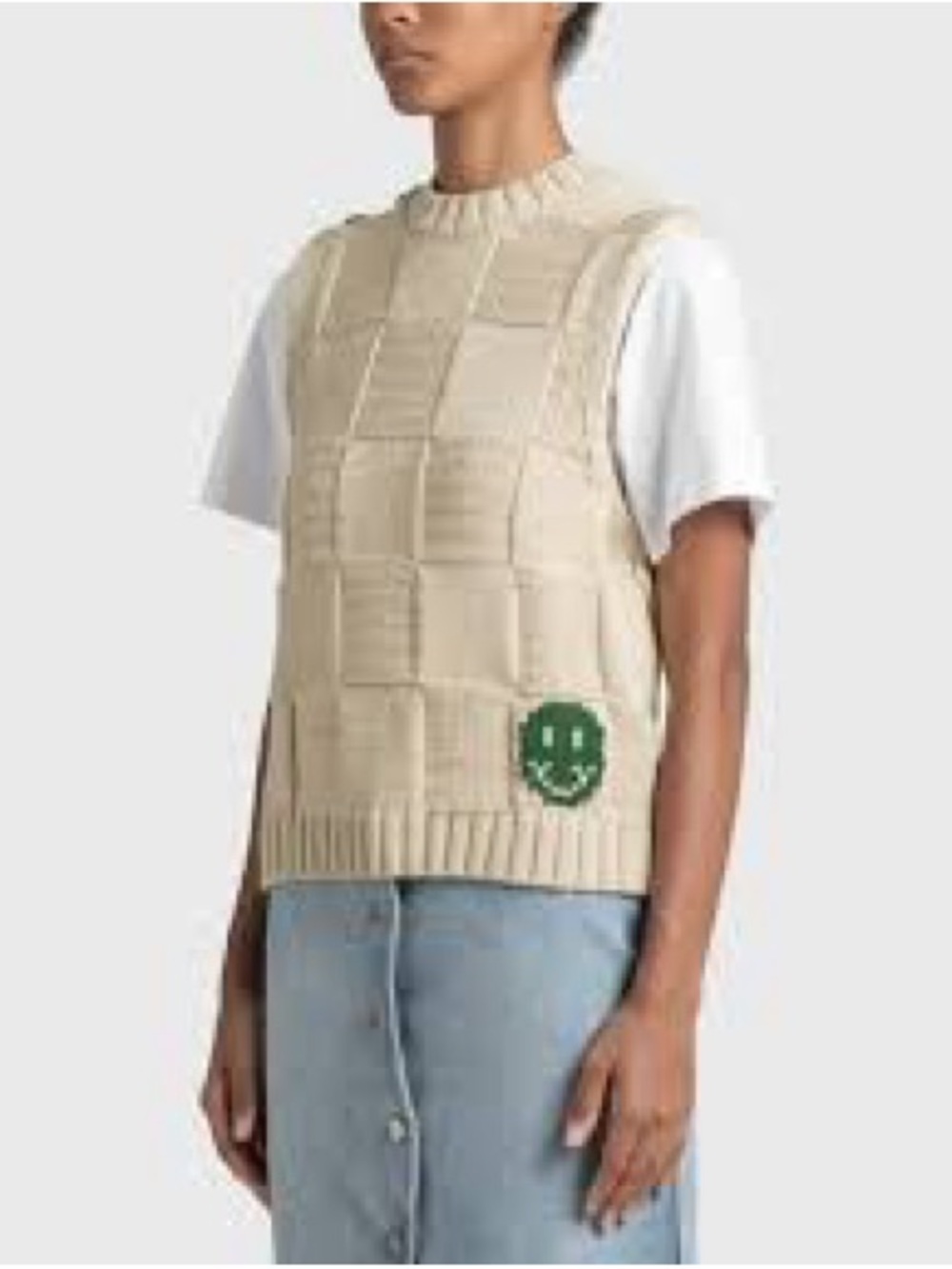Ganni Women’s cotton Cream Knit Sleeveless Sweater Vest with Green Smile Patch S